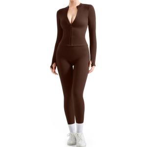 imageSUUKSESS Women 2 Piece Seamless Ribbed Workout Sets With Zip Up Jacket High Waisted Gym Yoga LeggingsDark Brown