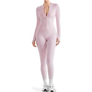 imageSUUKSESS Women 2 Piece Seamless Ribbed Workout Sets With Zip Up Jacket High Waisted Gym Yoga LeggingsLight Pink