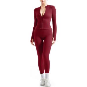 imageSUUKSESS Women 2 Piece Seamless Ribbed Workout Sets With Zip Up Jacket High Waisted Gym Yoga LeggingsWine Red