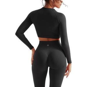 imageSUUKSESS Women 2 Piece Workout Sets Hidden Scrunch Butt Lifting Seamless Leggings Long Sleeve Yoga Crop TopsBlack