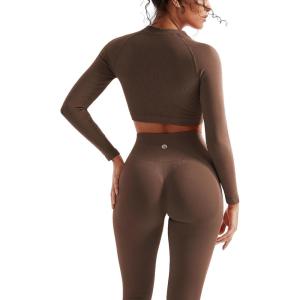 imageSUUKSESS Women 2 Piece Workout Sets Hidden Scrunch Butt Lifting Seamless Leggings Long Sleeve Yoga Crop TopsBrown