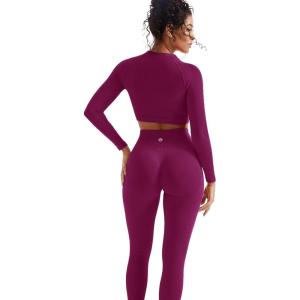 imageSUUKSESS Women 2 Piece Workout Sets Hidden Scrunch Butt Lifting Seamless Leggings Long Sleeve Yoga Crop TopsPurple