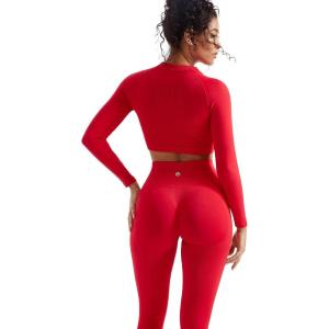 imageSUUKSESS Women 2 Piece Workout Sets Hidden Scrunch Butt Lifting Seamless Leggings Long Sleeve Yoga Crop TopsRed