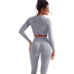 imageSUUKSESS Women 2 Piece Workout Sets Hidden Scrunch Butt Lifting Seamless Leggings Long Sleeve Yoga Crop TopsWashed Blue