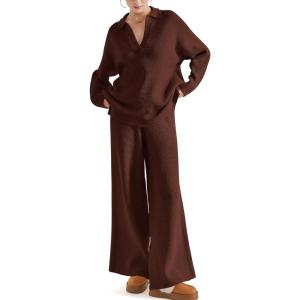 imageSUUKSESS Women 2 piece Fall outfits Matching Lounge Set Waffle Knit Sweater setsBrown