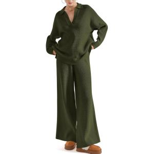 imageSUUKSESS Women 2 piece Fall outfits Matching Lounge Set Waffle Knit Sweater setsGreen