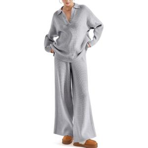 imageSUUKSESS Women 2 piece Fall outfits Matching Lounge Set Waffle Knit Sweater setsGrey