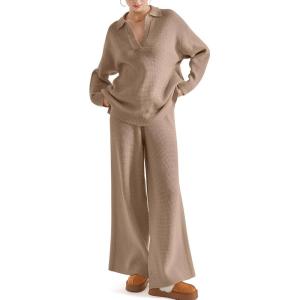 imageSUUKSESS Women 2 piece Fall outfits Matching Lounge Set Waffle Knit Sweater setsKhaki