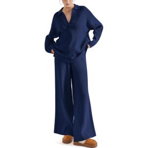 imageSUUKSESS Women 2 piece Fall outfits Matching Lounge Set Waffle Knit Sweater setsNavy Blue