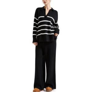 imageSUUKSESS Women 2 piece Fall outfits Matching Lounge Set Waffle Knit Sweater setsStripe Black