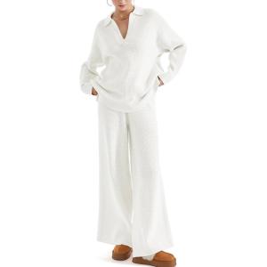 imageSUUKSESS Women 2 piece Fall outfits Matching Lounge Set Waffle Knit Sweater setsWhite