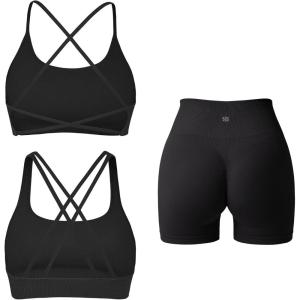 imageSUUKSESS Women 3 piece Workout Sets Padded Strappy Sports Bra Booty Shorts Set1 Black