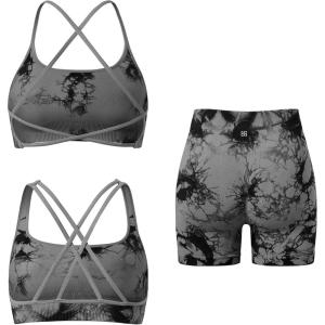 imageSUUKSESS Women 3 piece Workout Sets Padded Strappy Sports Bra Booty Shorts Set1 Black Grey