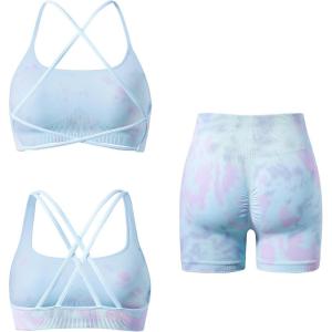 imageSUUKSESS Women 3 piece Workout Sets Padded Strappy Sports Bra Booty Shorts Set1 Candy Tie Dye