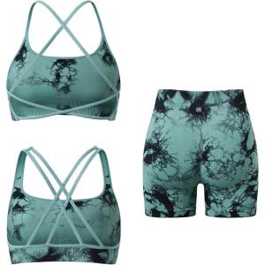 imageSUUKSESS Women 3 piece Workout Sets Padded Strappy Sports Bra Booty Shorts Set1 Deep Green Tie Dye