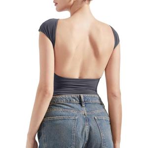 imageSUUKSESS Women Backless Sexy Going Out Tops Double Lined Open Back Y2k Basic Tee ShirtsAsh