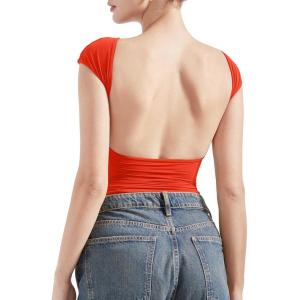 imageSUUKSESS Women Backless Sexy Going Out Tops Double Lined Open Back Y2k Basic Tee ShirtsDream Red