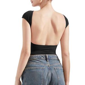 imageSUUKSESS Women Backless Sexy Going Out Tops Double Lined Open Back Y2k Basic Tee ShirtsJet Black