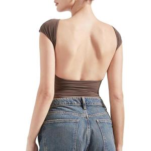 imageSUUKSESS Women Backless Sexy Going Out Tops Double Lined Open Back Y2k Basic Tee ShirtsMocha