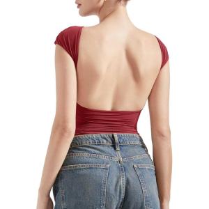 imageSUUKSESS Women Backless Sexy Going Out Tops Double Lined Open Back Y2k Basic Tee ShirtsWine Red