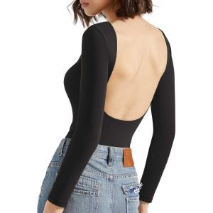 imageSUUKSESS Women Backless Y2k Long Sleeve Bodysuit Double Lined Open Back Sexy Basic TopBlack