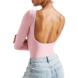 imageSUUKSESS Women Backless Y2k Long Sleeve Bodysuit Double Lined Open Back Sexy Basic TopBlush