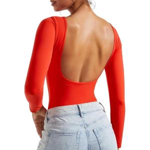 imageSUUKSESS Women Backless Y2k Long Sleeve Bodysuit Double Lined Open Back Sexy Basic TopDream Red