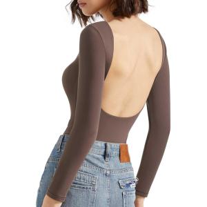 imageSUUKSESS Women Backless Y2k Long Sleeve Bodysuit Double Lined Open Back Sexy Basic TopMocha