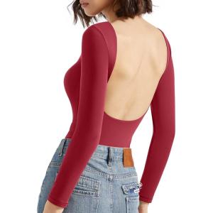 imageSUUKSESS Women Backless Y2k Long Sleeve Bodysuit Double Lined Open Back Sexy Basic TopWine Red