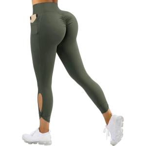 imageSUUKSESS Women Butt Lifting Capri Leggings with Pockets 78 Length Twist High Waisted Yoga Pants55 Army Green
