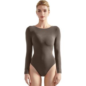 imageSUUKSESS Women Crew Neck Long Sleeve Bodysuit Sexy Thong Bodysuit Shirts01 Brown