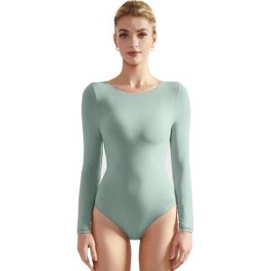 imageSUUKSESS Women Crew Neck Long Sleeve Bodysuit Sexy Thong Bodysuit Shirts01 Crab Green