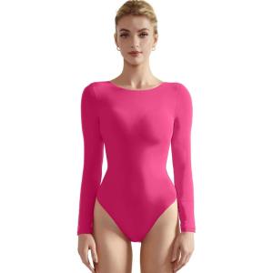 imageSUUKSESS Women Crew Neck Long Sleeve Bodysuit Sexy Thong Bodysuit Shirts01 Hot Pink