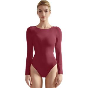imageSUUKSESS Women Crew Neck Long Sleeve Bodysuit Sexy Thong Bodysuit Shirts01 Maroon
