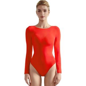 imageSUUKSESS Women Crew Neck Long Sleeve Bodysuit Sexy Thong Bodysuit Shirts01 Red