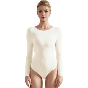 imageSUUKSESS Women Crew Neck Long Sleeve Bodysuit Sexy Thong Bodysuit Shirts01 White