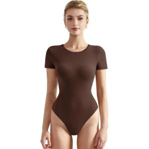 imageSUUKSESS Women Crew Neck Short Sleeve Thong Bodysuit Shirts Basic Top01 Coffee