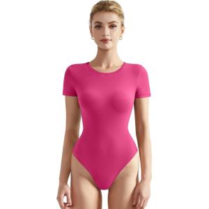 imageSUUKSESS Women Crew Neck Short Sleeve Thong Bodysuit Shirts Basic Top01 Hot Pink