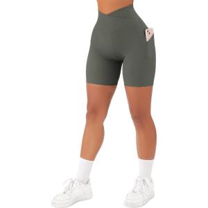 imageSUUKSESS Women Cross Workout Shorts with Pockets 5quot High Waist Booty Biker ShortArmy Green