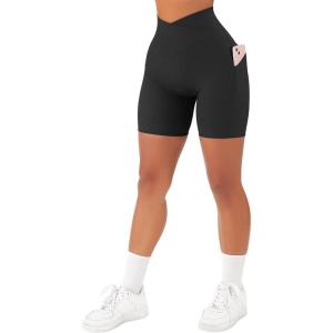 imageSUUKSESS Women Cross Workout Shorts with Pockets 5quot High Waist Booty Biker ShortBlack