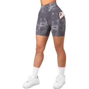 imageSUUKSESS Women Cross Workout Shorts with Pockets 5quot High Waist Booty Biker ShortBlack Tie Dye