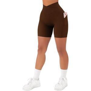 imageSUUKSESS Women Cross Workout Shorts with Pockets 5quot High Waist Booty Biker ShortBrown