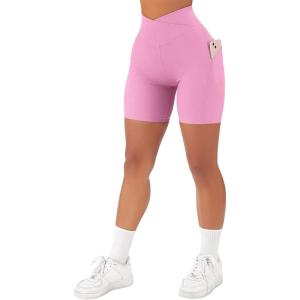 imageSUUKSESS Women Cross Workout Shorts with Pockets 5quot High Waist Booty Biker ShortCherry Pink