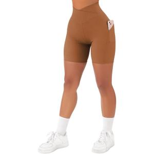 imageSUUKSESS Women Cross Workout Shorts with Pockets 5quot High Waist Booty Biker ShortCoffee Brown