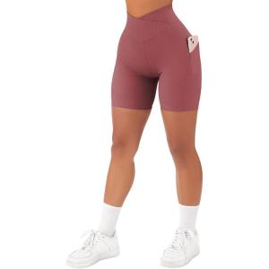 imageSUUKSESS Women Cross Workout Shorts with Pockets 5quot High Waist Booty Biker ShortDeep Pink
