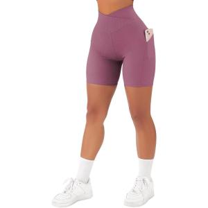 imageSUUKSESS Women Cross Workout Shorts with Pockets 5quot High Waist Booty Biker ShortDeep Purple