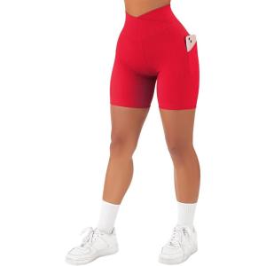 imageSUUKSESS Women Cross Workout Shorts with Pockets 5quot High Waist Booty Biker ShortDream Red