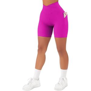 imageSUUKSESS Women Cross Workout Shorts with Pockets 5quot High Waist Booty Biker ShortHot Pink
