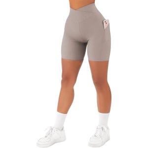 imageSUUKSESS Women Cross Workout Shorts with Pockets 5quot High Waist Booty Biker ShortKhaki