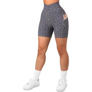 imageSUUKSESS Women Cross Workout Shorts with Pockets 5quot High Waist Booty Biker ShortLeopard Grey